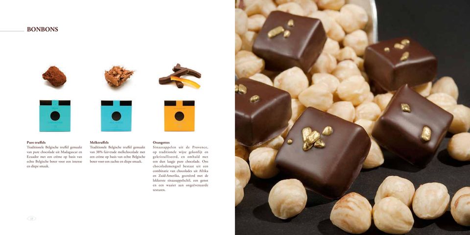 Melktruffels Traditionele Belgische truffel gemaakt van 38% fair-trade melkchocolade met een crème op basis van echte Belgische boter voor een zachte en diepe smaak.