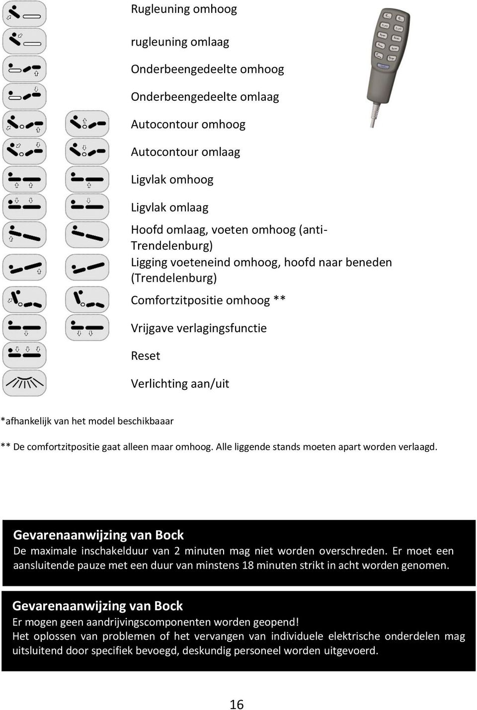 ** De comfortzitpositie gaat alleen maar omhoog. Alle liggende stands moeten apart worden verlaagd. Gevarenaanwijzing van Bock De maximale inschakelduur van 2 minuten mag niet worden overschreden.