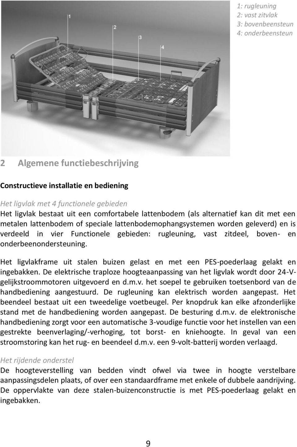 zitdeel, boven- en onderbeenondersteuning. Het ligvlakframe uit stalen buizen gelast en met een PES-poederlaag gelakt en ingebakken.