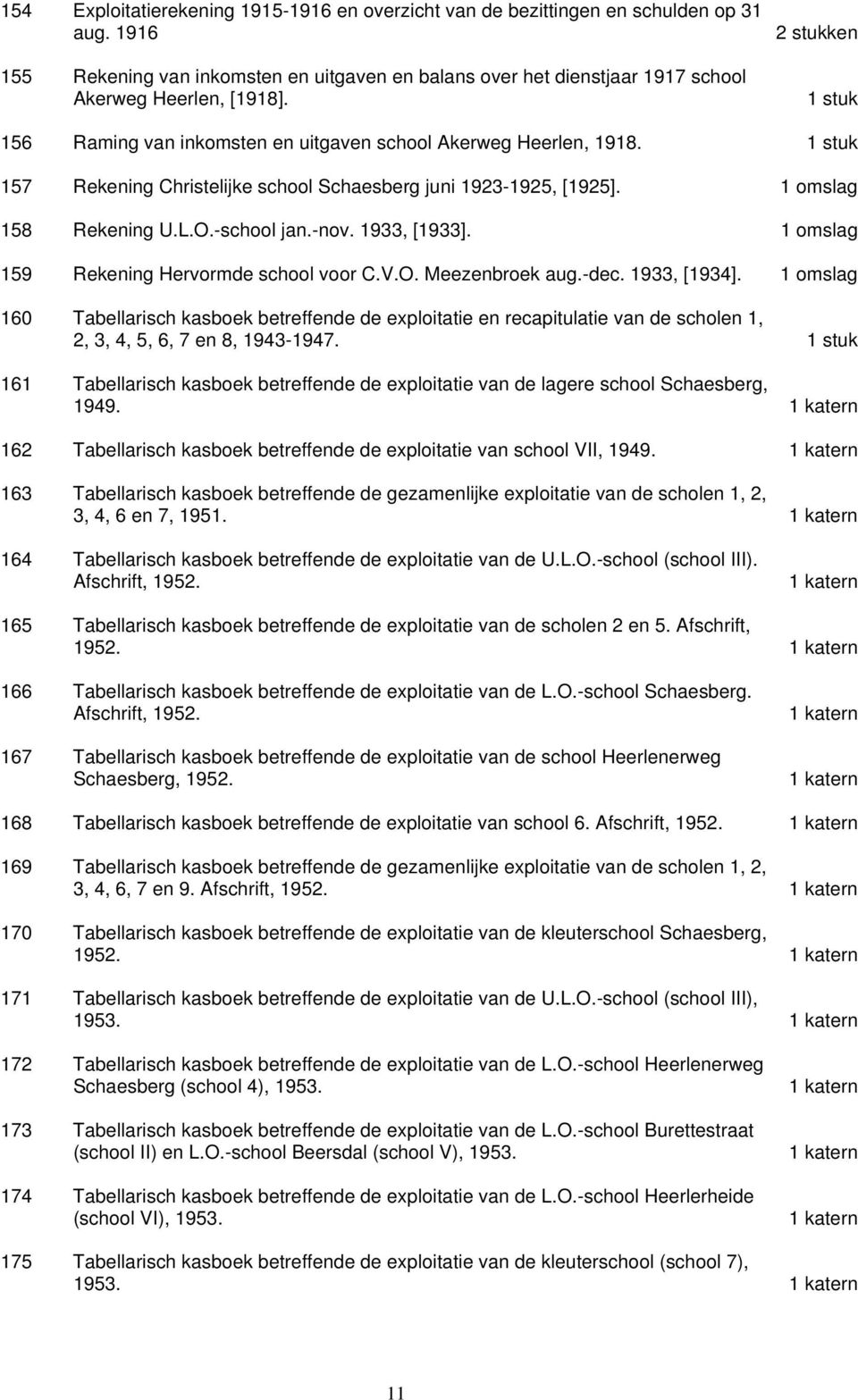 159 Rekening Hervormde school voor C.V.O. Meezenbroek aug.-dec. 1933, [1934]. 160 Tabellarisch kasboek betreffende de exploitatie en recapitulatie van de scholen 1, 2, 3, 4, 5, 6, 7 en 8, 1943-1947.