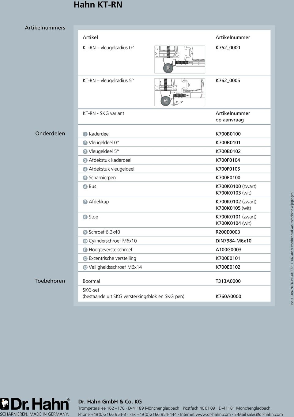 Cylinderschroef M6x10 Hoogteverstelschroef Excentrische verstelling Veiligheidsschroef M6x14 Boormal SKG-set (bestaande uit SKG versterkingsblok en SKG pen) K700K0100 (zwart) K700K0103 (wit)