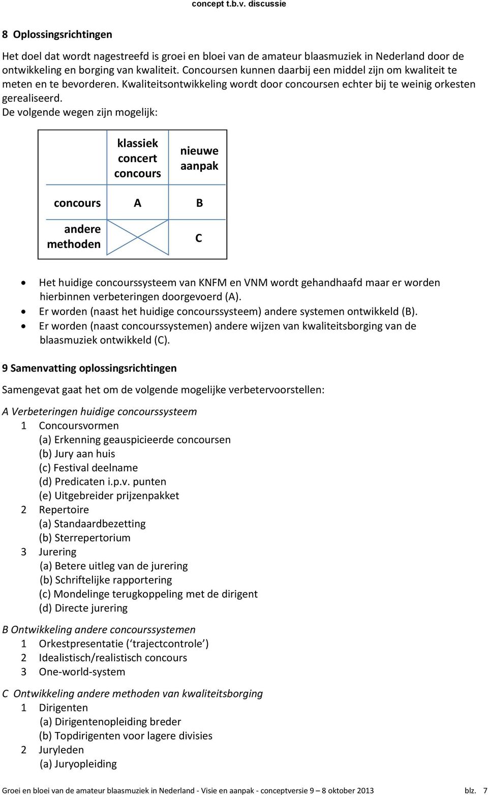 De volgende wegen zijn mogelijk: concours andere methoden klassiek concert concours A nieuwe aanpak B C Het huidige concourssysteem van KNFM en VNM wordt gehandhaafd maar er worden hierbinnen