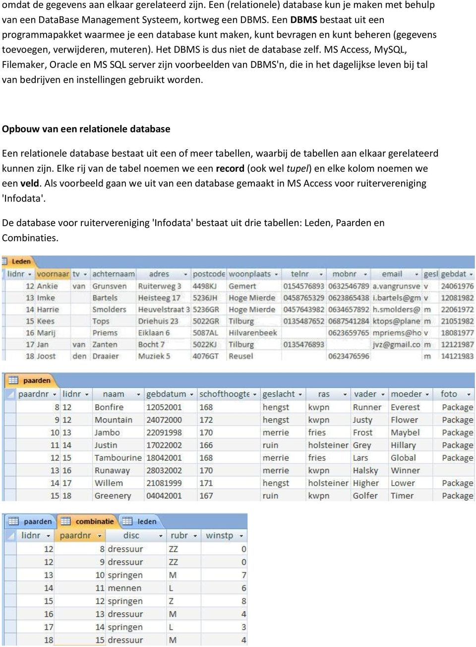 MS Access, MySQL, Filemaker, Oracle en MS SQL server zijn voorbeelden van DBMS'n, die in het dagelijkse leven bij tal van bedrijven en instellingen gebruikt worden.