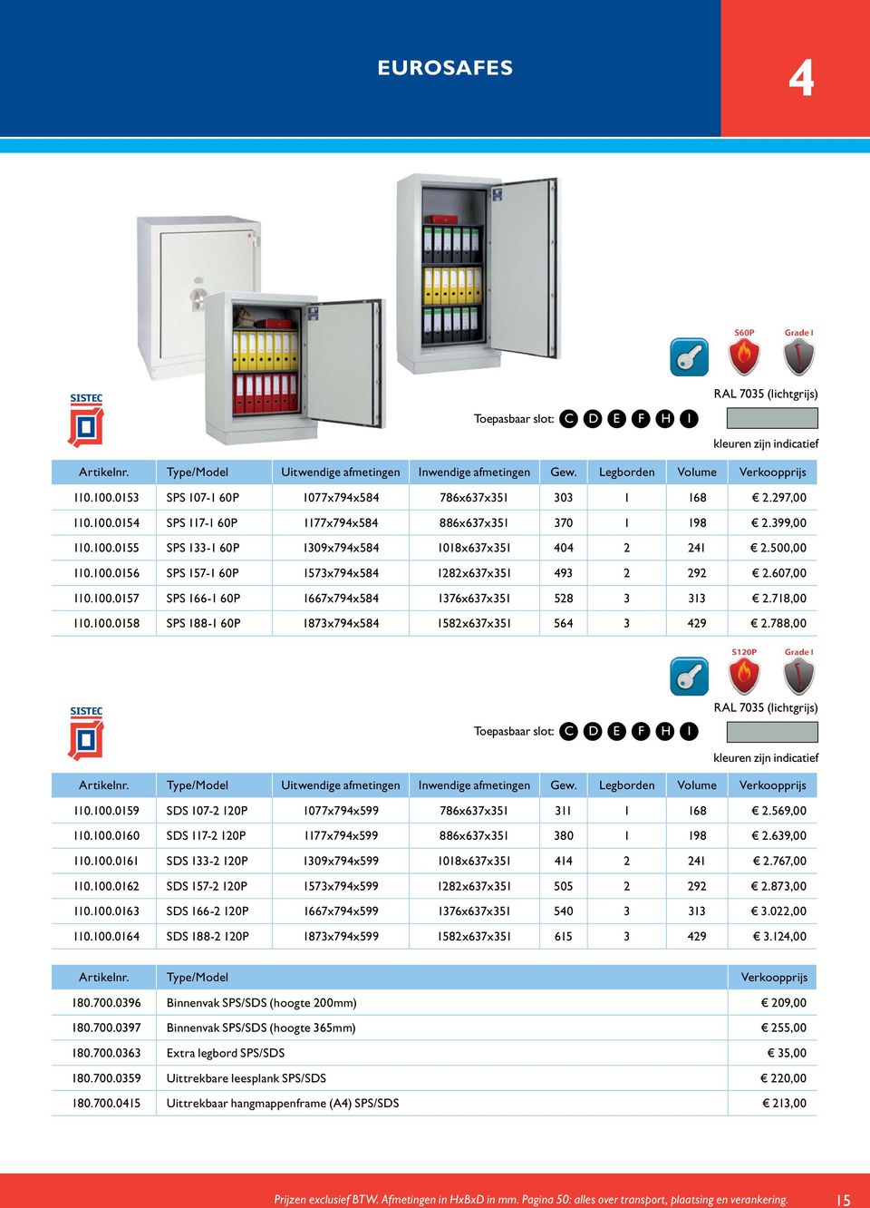 718,00 110.100.0158 SPS 188-1 60P 1873x794x584 1582x637x351 564 3 429 2.788,00 Toepasbaar slot: C D E F H I RAL 7035 (lichtgrijs) 110.100.0159 SDS 107-2 120P 1077x794x599 786x637x351 311 1 168 2.