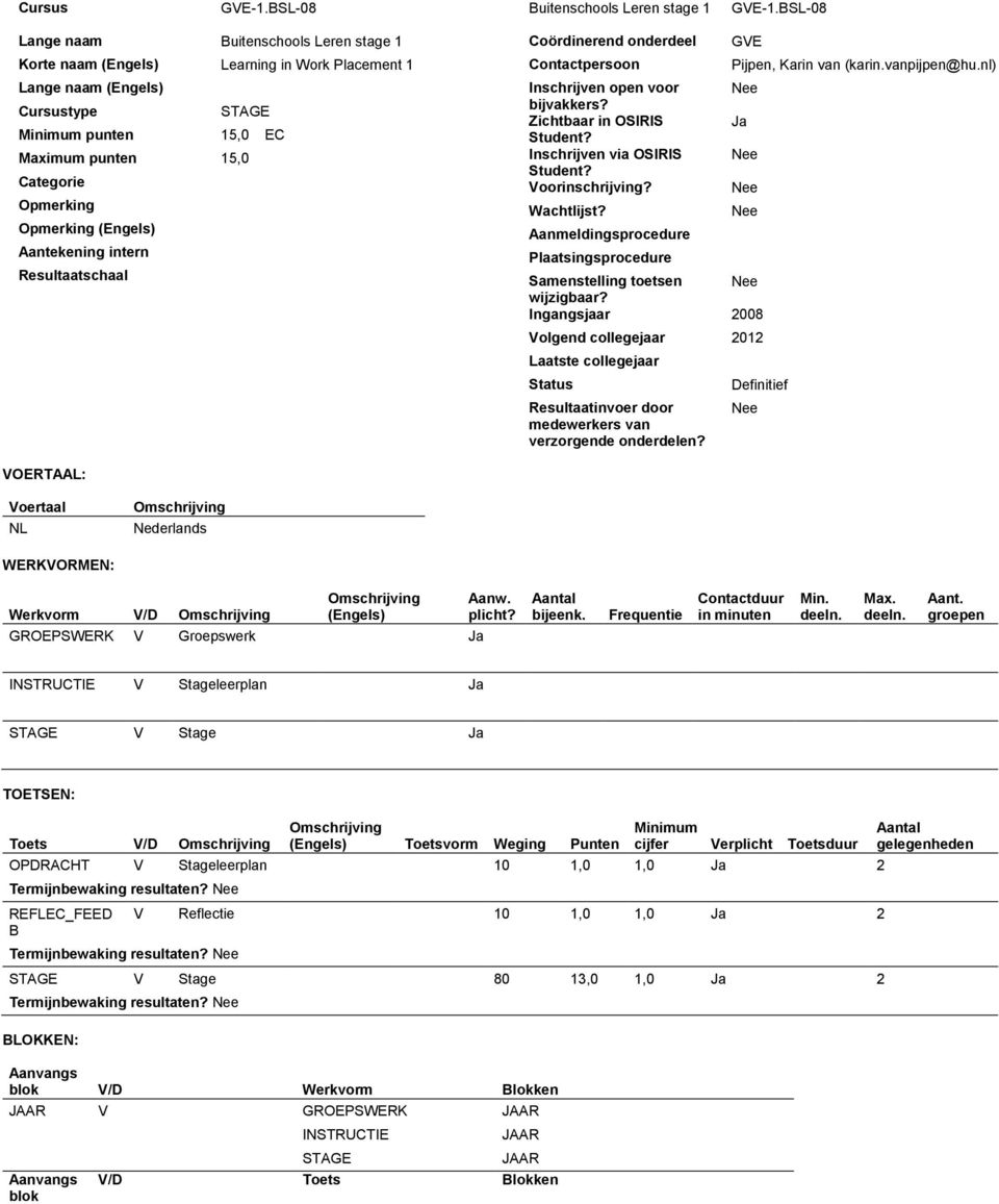 Opmerking (Engels) Aantekening intern Resultaatschaal Coördinerend onderdeel Contactpersoon Inschrijven open voor bijvakkers? Zichtbaar in OSIRIS Inschrijven via OSIRIS Voorinschrijving? Wachtlijst?