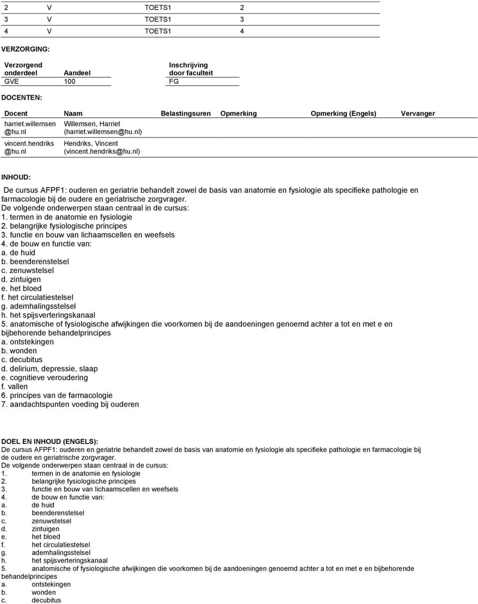 hendriks) INHOUD: De cursus AFPF1: ouderen en geriatrie behandelt zowel de basis van anatomie en fysiologie als specifieke pathologie en farmacologie bij de oudere en geriatrische zorgvrager.