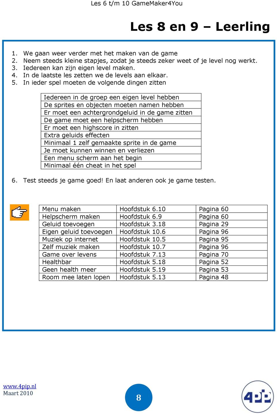 In ieder spel moeten de volgende dingen zitten Iedereen in de groep een eigen level hebben De sprites en objecten moeten namen hebben Er moet een achtergrondgeluid in de game zitten De game moet een