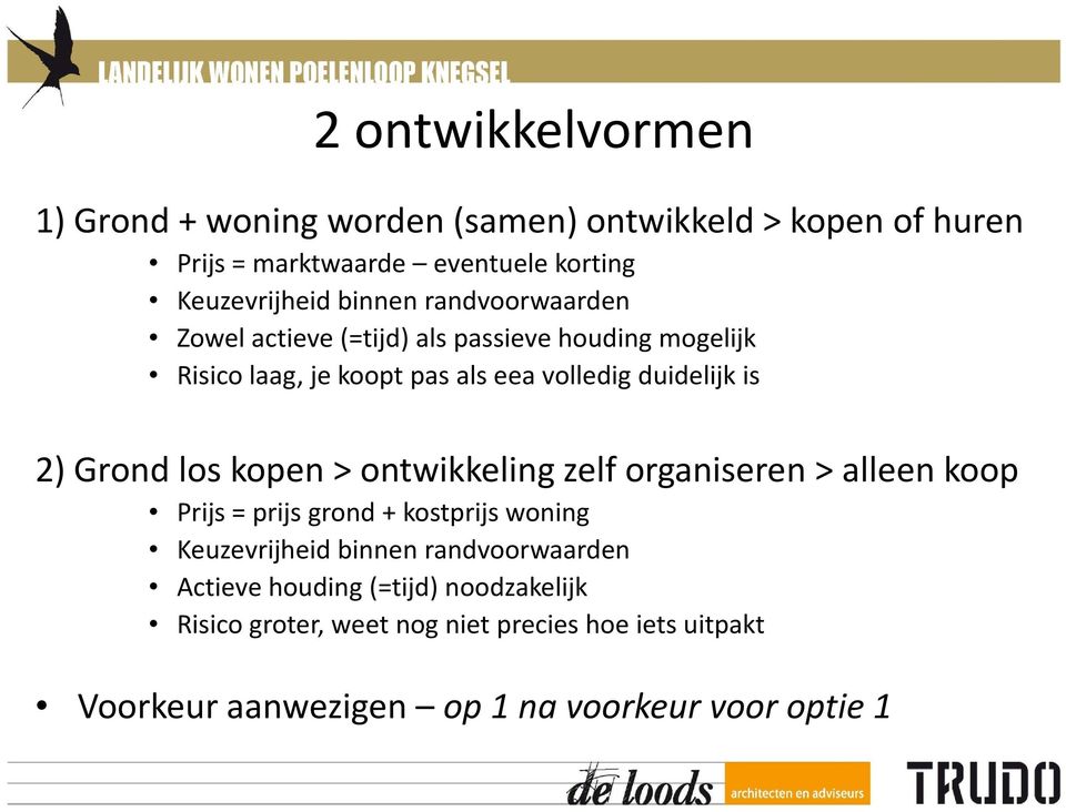 Grond los kopen > ontwikkeling zelf organiseren > alleen koop Prijs = prijs grond + kostprijs woning Keuzevrijheid binnen