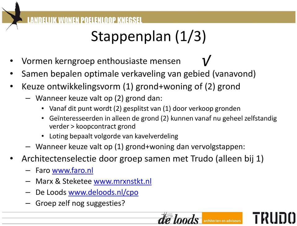 vanaf nu geheel zelfstandig verder > koopcontract grond Loting bepaalt volgorde van kavelverdeling Wanneer keuze valt op (1) grond+woning dan vervolgstappen: