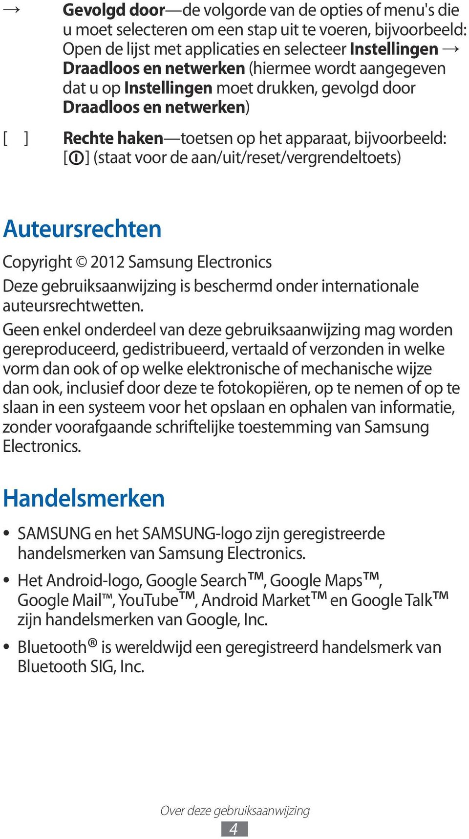Auteursrechten Copyright 2012 Samsung Electronics Deze gebruiksaanwijzing is beschermd onder internationale auteursrechtwetten.