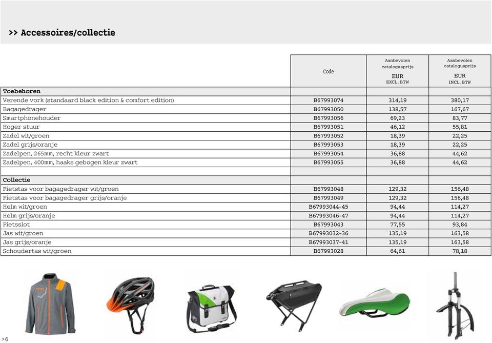 kleur zwart B67993055 36,88 44,62 Collectie Fietstas voor bagagedrager wit/groen B67993048 129,32 156,48 Fietstas voor bagagedrager grijs/oranje B67993049 129,32 156,48 Helm wit/groen B67993044-45