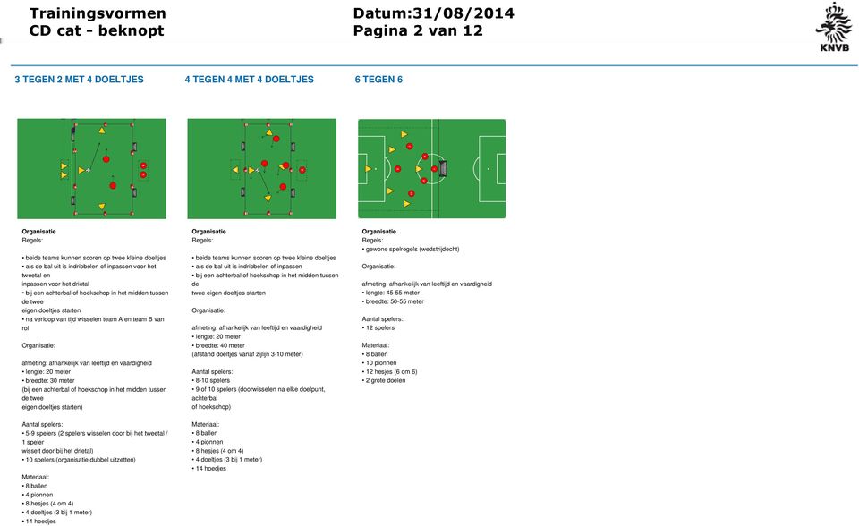 eigen doeltjes starten) 5-9 spelers (2 spelers wisselen door bij het tweetal / 1 speler wisselt door bij het drietal) 10 spelers (organisatie dubbel uitzetten) 4 doeltjes (3 bij 1 meter) beide teams