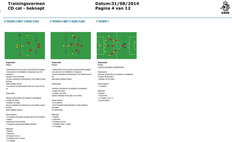 eigen doeltjes starten) 5-9 spelers (2 spelers wisselen door bij het tweetal / 1 speler wisselt door bij het drietal) 10 spelers (organisatie dubbel uitzetten) 4 doeltjes (3 bij 1 meter) beide teams