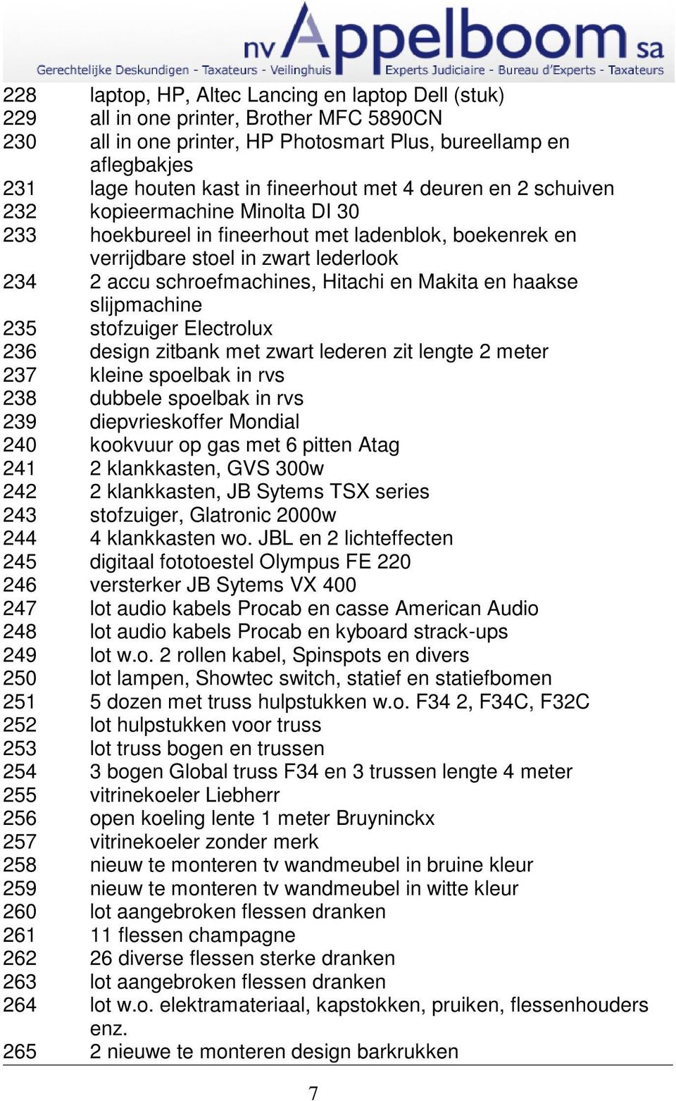 en haakse slijpmachine 235 stofzuiger Electrolux 236 design zitbank met zwart lederen zit lengte 2 meter 237 kleine spoelbak in rvs 238 dubbele spoelbak in rvs 239 diepvrieskoffer Mondial 240