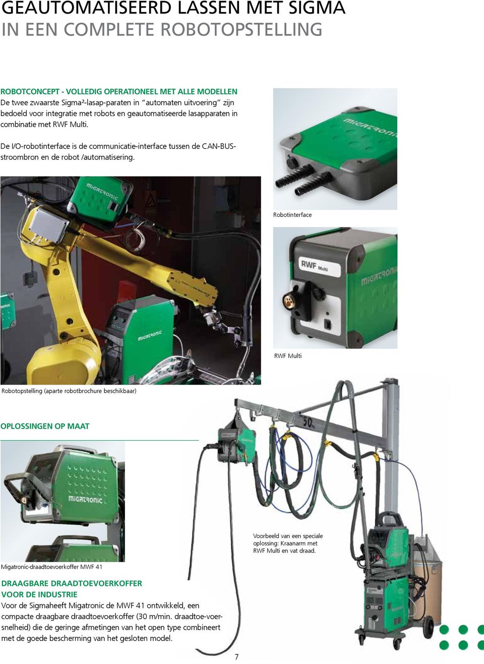 Robotinterface RWF Multi Robotopstelling (aparte robotbrochure beschikbaar) OPLOSSINGEN OP MAAT Migatronic-draadtoevoerkoffer MWF 41 DRAAGBARE DRAADTOEVOERKOFFER VOOR DE INDUSTRIE Voor de Sigmaheeft