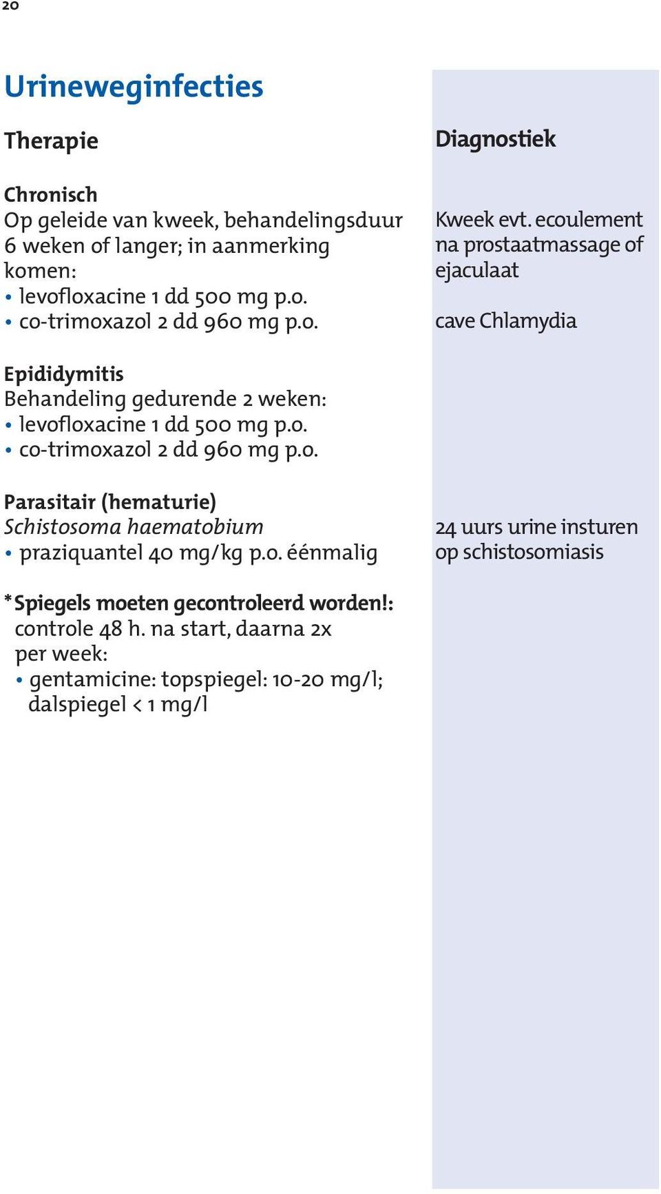 o. Parasitair (hematurie) Schistosoma haematobium praziquantel 40 mg/kg p.o. éénmalig 24 uurs urine insturen op schistosomiasis *Spiegels moeten gecontroleerd worden!