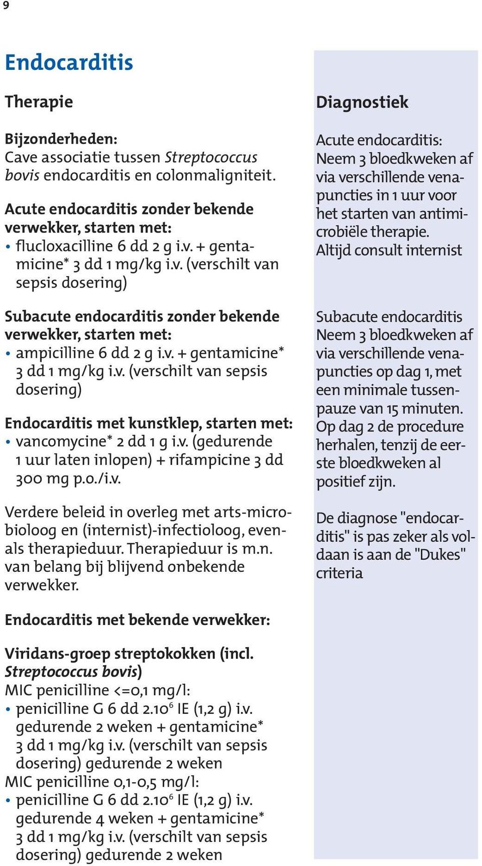 v. (gedurende 1 uur laten inlopen) + rifampicine 3 dd 300 mg p.o./i.v. Verdere beleid in overleg met arts-microbioloog en (internist)-infectioloog, evenals therapieduur. duur is m.n. van belang bij blijvend onbekende verwekker.