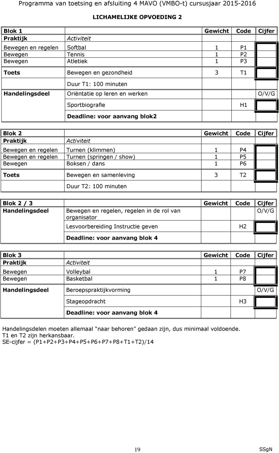 show) 1 P5 Bewegen Boksen / dans 1 P6 Toets Bewegen en samenleving 3 T Duur T: 100 minuten Blok / 3 Gewicht Code Cijfer Handelingsdeel Bewegen en regelen, regelen in de rol van organisator O/V/G