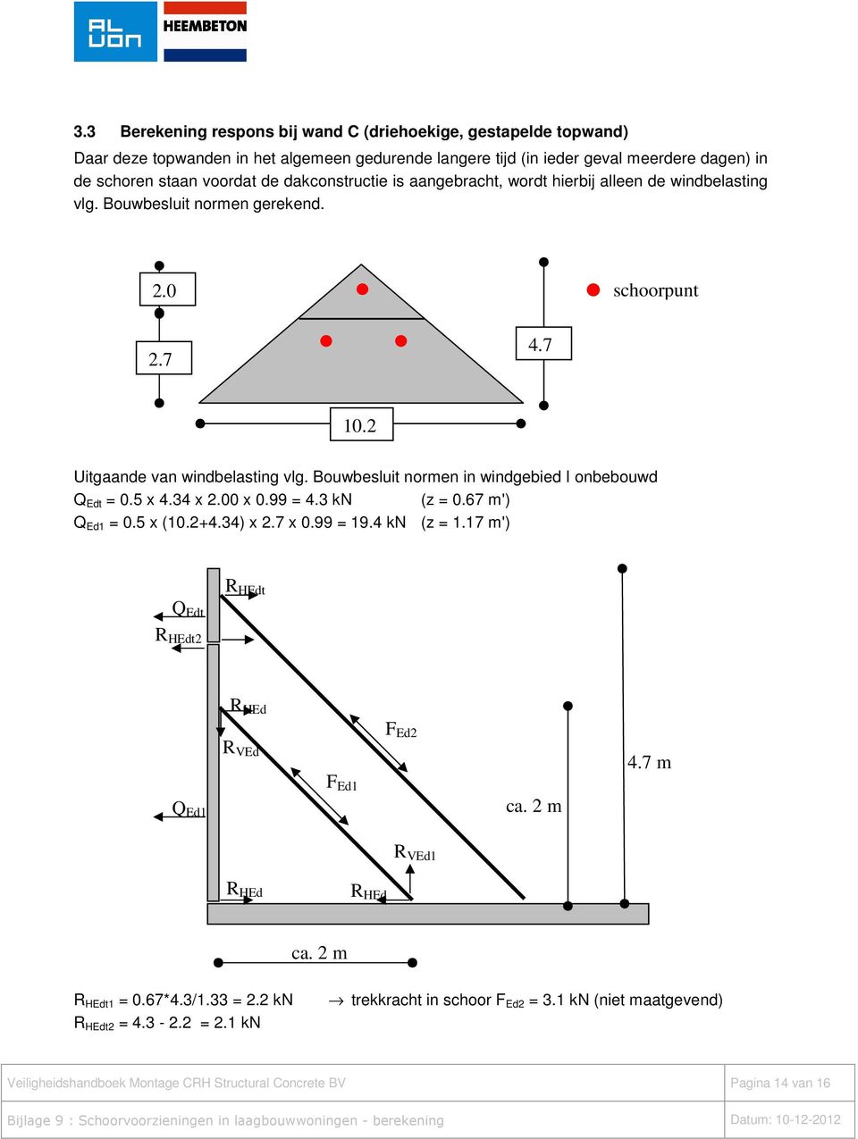 Bouwbesluit normen in windgebied I onbebouwd Q Edt = 0.5 x 4.34 x 2.00 x 0.99 = 4.3 kn (z = 0.67 m') Q Ed1 = 0.5 x (10.2+4.34) x 2.7 x 0.99 = 19.4 kn (z = 1.