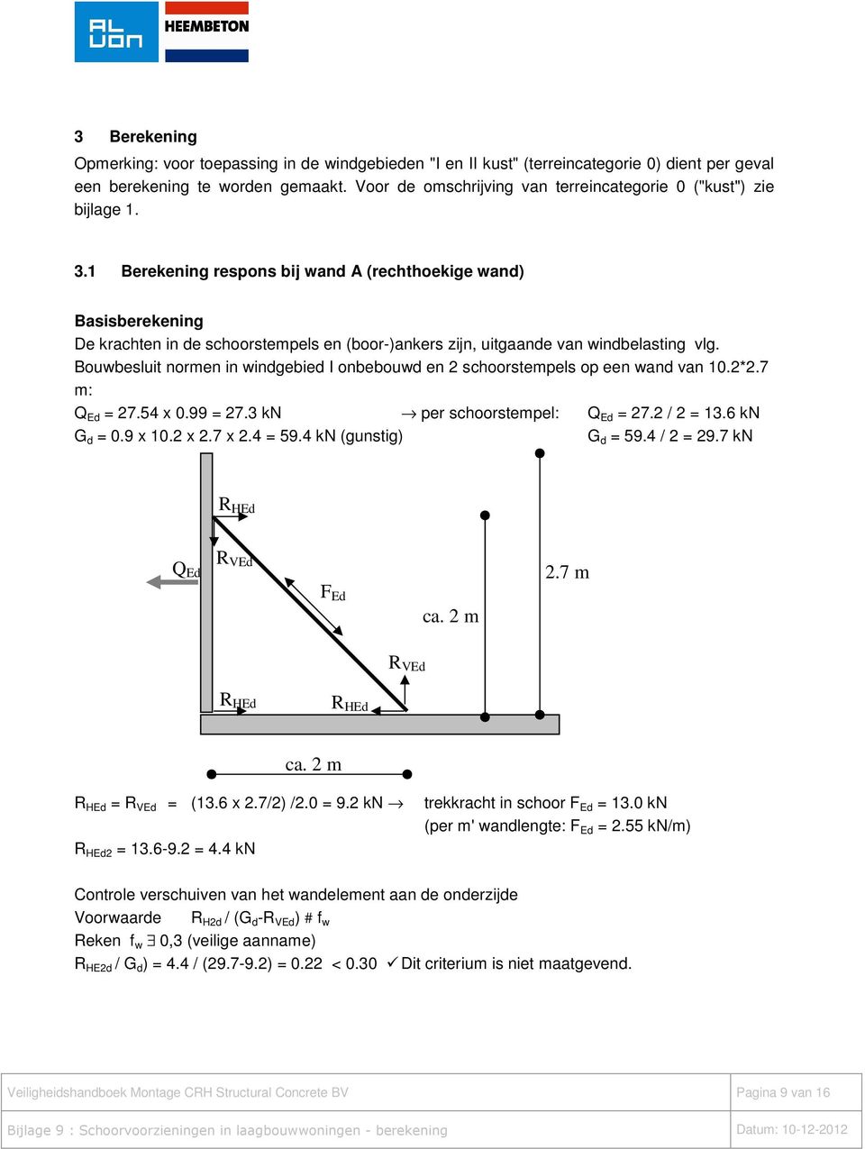 1 Berekening respons bij wand A (rechthoekige wand) Basisberekening De krachten in de schoorstempels en (boor-)ankers zijn, uitgaande van windbelasting vlg.