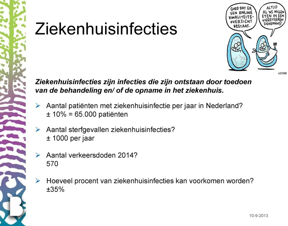 Aantal patiënten met ziekenhuisinfectie per jaar in Nederland? ± 10% = 65.
