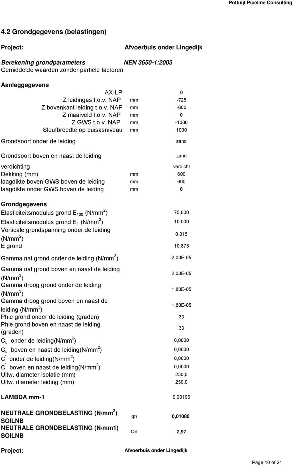 verdicht Dekking (mm) mm 600 laagdikte boven GWS boven de leiding mm 600 laagdikte onder GWS boven de leiding mm 0 Grondgegevens Elasticiteitsmodulus grond E 100 (N/mm 2 ) 75,000 Elasticiteitsmodulus