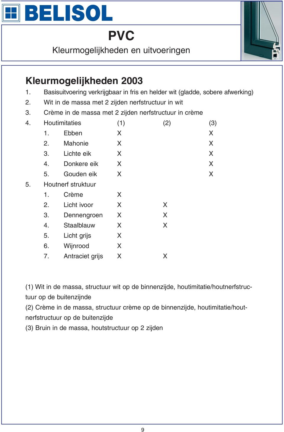 Donkere eik X X 5. Gouden eik X X 5. Houtnerf struktuur 1. Crème X 2. Licht ivoor X X 3. Dennengroen X X 4. Staalblauw X X 5. Licht grijs X 6. Wijnrood X 7.