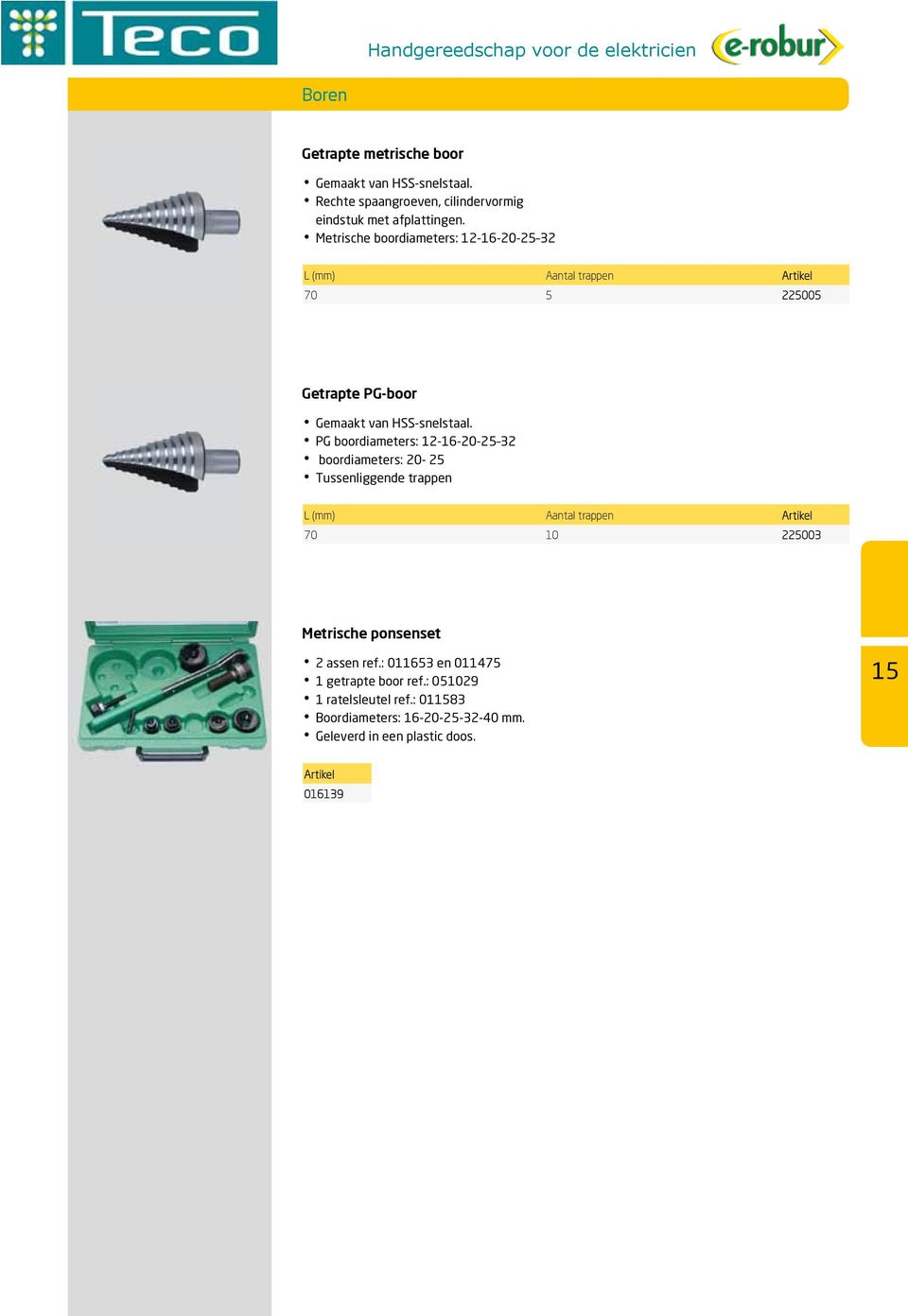 PG boordiameters: 12-16-20-25 32 boordiameters: 20-25 Tussenliggende trappen antal trappen 70 10 225003 Metrische ponsenset 96 2