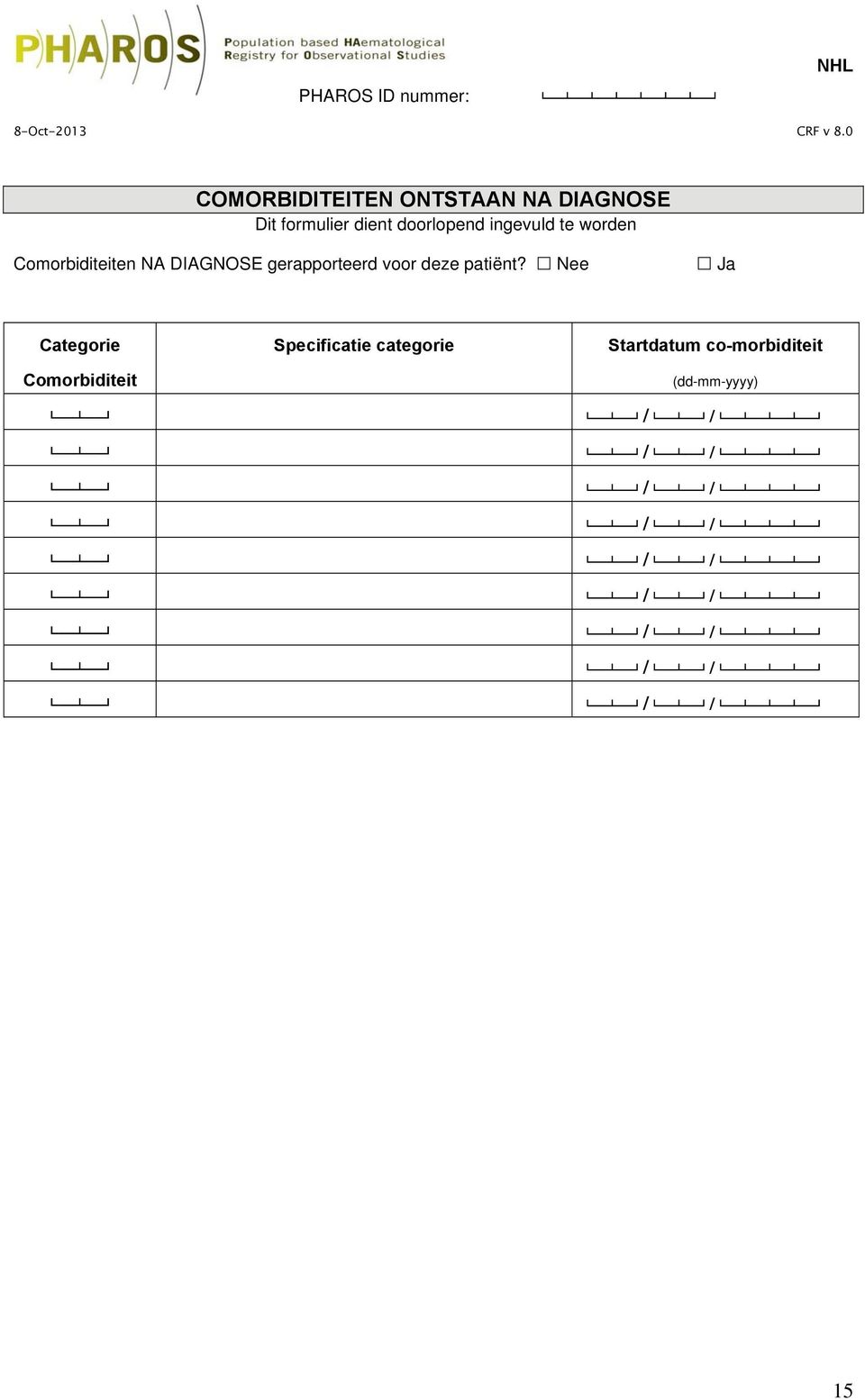 te worden Comorbiditeiten NA DIAGNOSE gerapporteerd voor deze patiënt?