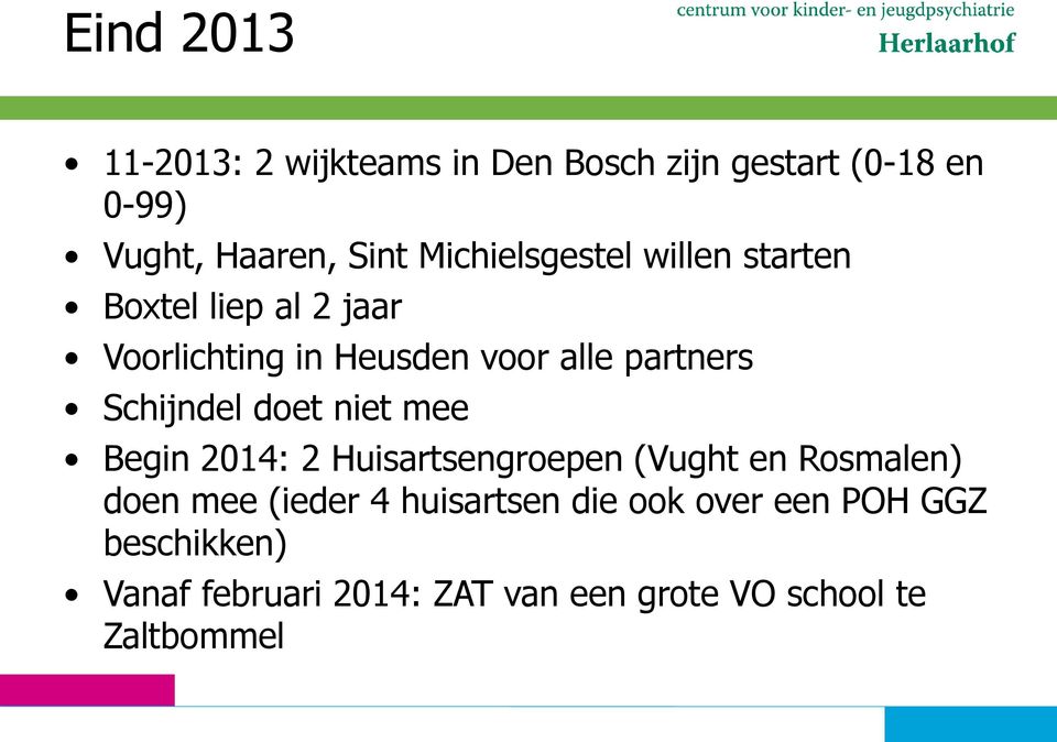 Schijndel doet niet mee Begin 2014: 2 Huisartsengroepen (Vught en Rosmalen) doen mee (ieder 4