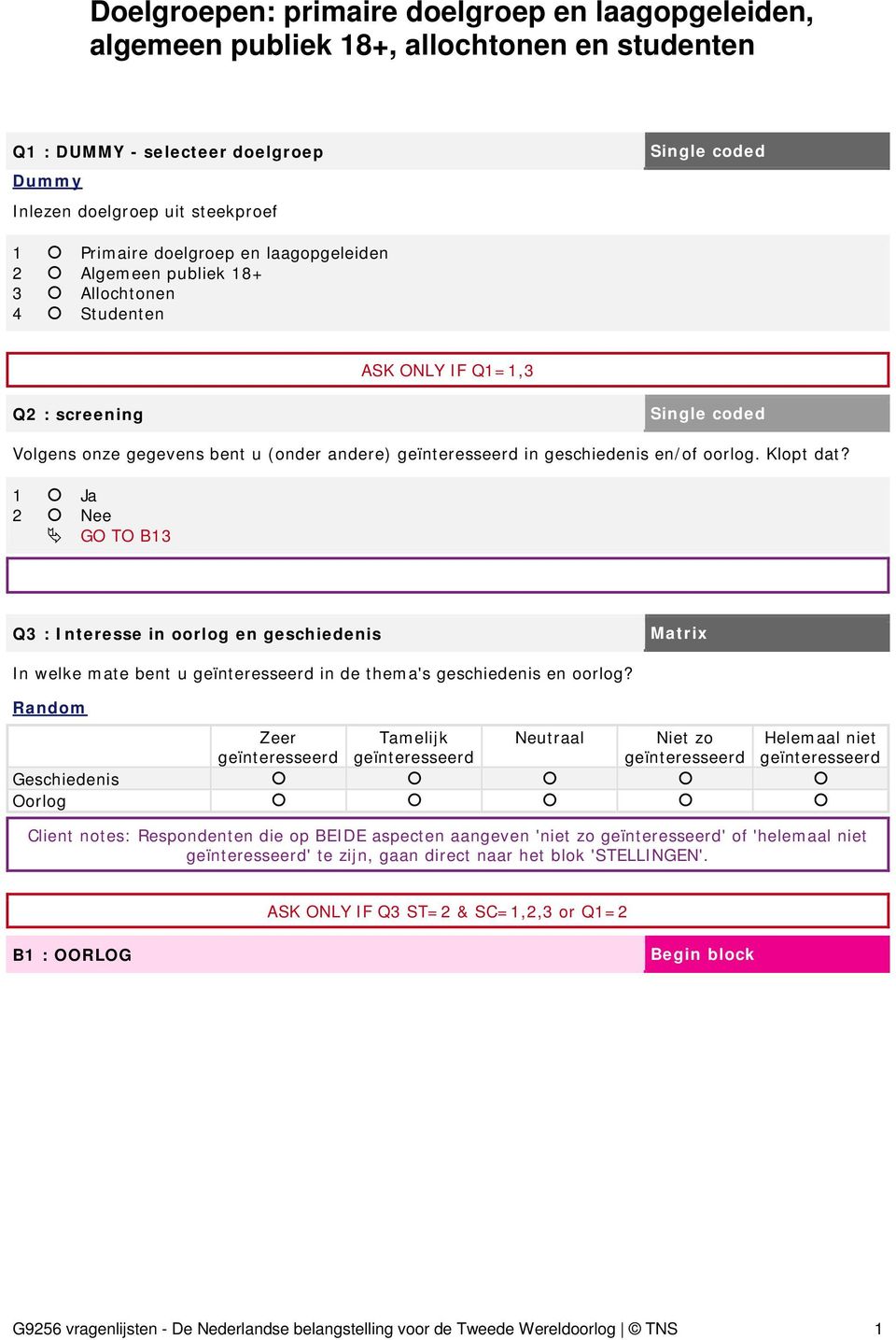 1 Ja 2 Nee GO TO B13 Q3 : Interesse in oorlog en geschiedenis In welke mate bent u geïnteresseerd in de thema's geschiedenis en oorlog?