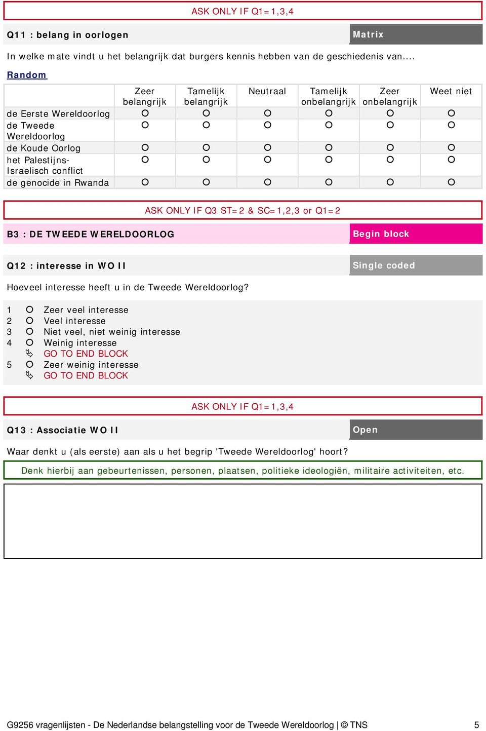 genocide in Rwanda ASK ONLY IF Q3 ST=2 & SC=1,2,3 or Q1=2 B3 : DE TWEEDE WERELDOORLOG Q12 : interesse in WO II Hoeveel interesse heeft u in de Tweede Wereldoorlog?