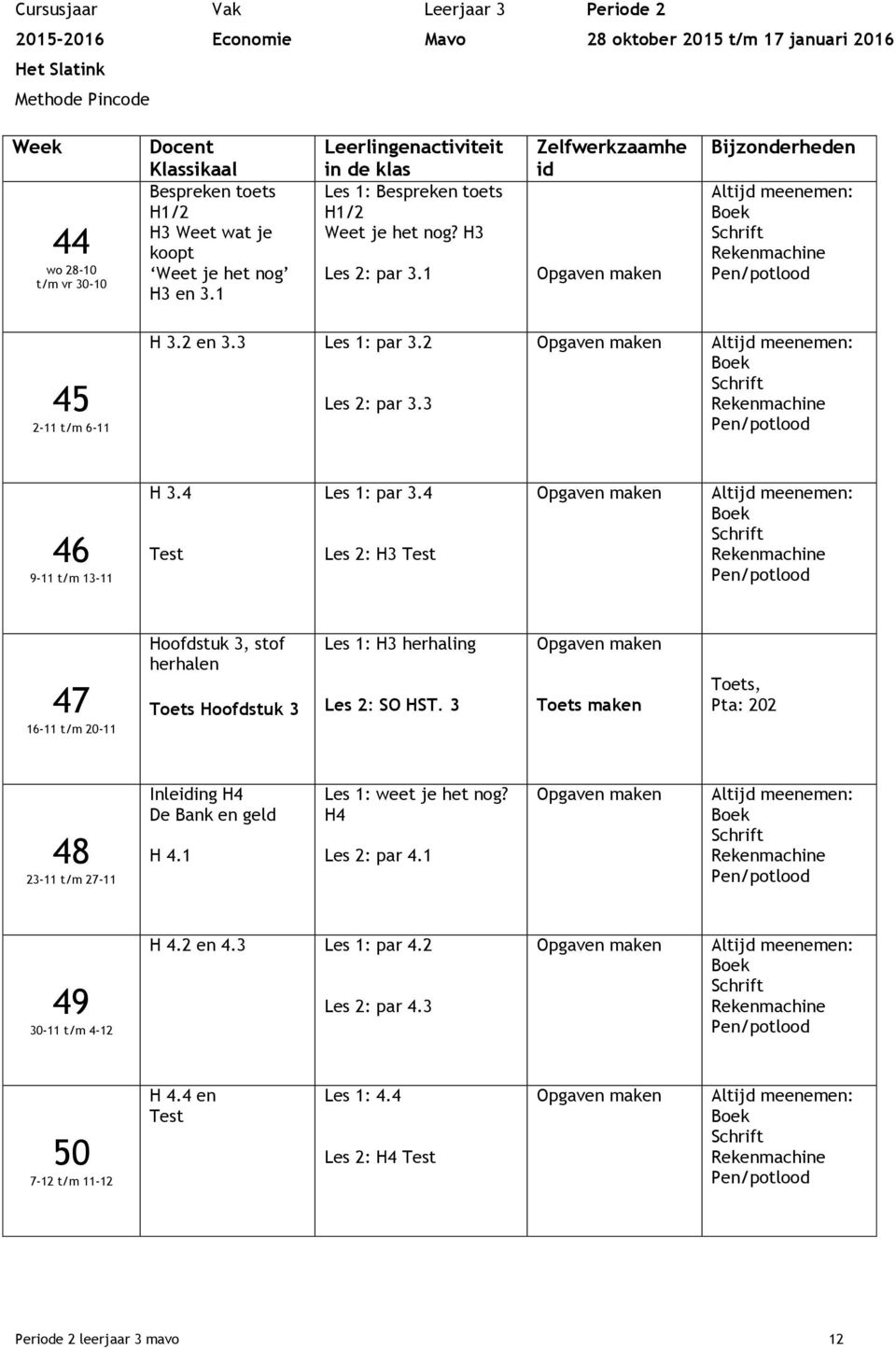 3 Les 1: par 3.2 Les 2: par 3.3 Opgaven maken Altijd meenemen: Boek Schrift Rekenmachine Pen/potlood 46 H 3.4 Test Les 1: par 3.