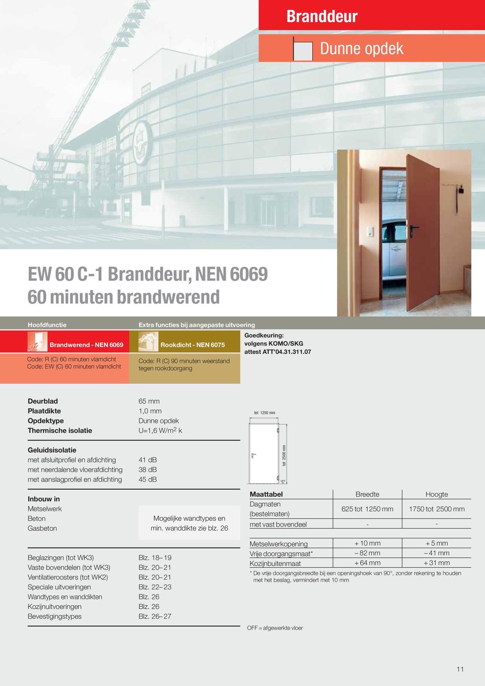 07 Deurblad Plaatdikte Opdektype Thermische isolatie 65 mm 1,0 mm Dunne opdek U=1,6 W/m 2 k tot 1250 mm Geluidsisolatie met afsluitprofiel en afdichting met neerdalende vloerafdichting met