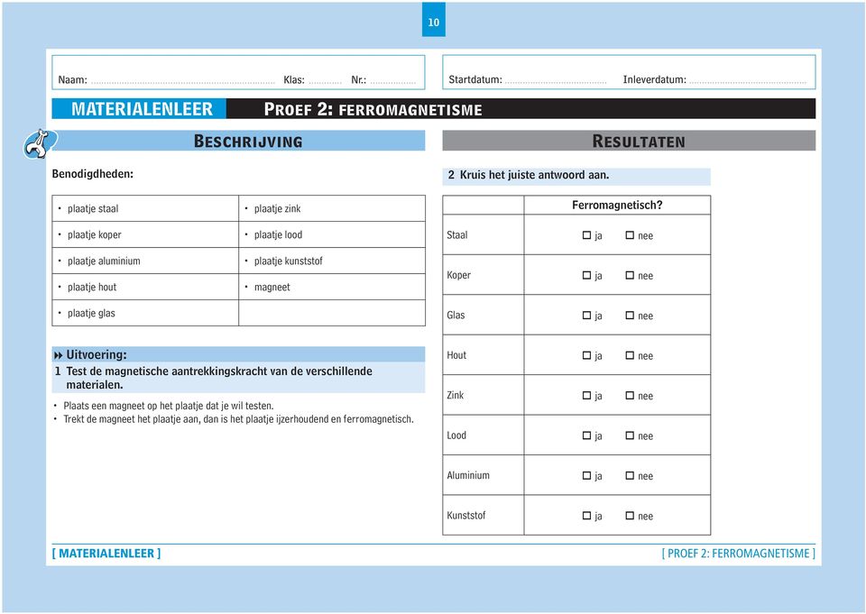 plaatje zink plaatje lood plaatje kunststof magneet 2 Kruis het juiste antwoord aan. Ferromagnetisch?