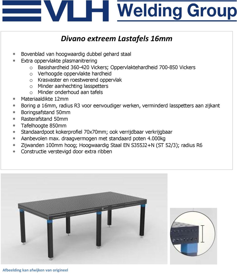 16mm, radius R3 voor eenvoudiger werken, verminderd lasspetters aan zijkant Boringsafstand 50mm Rasterafstand 50mm Standaardpoot kokerprofiel 70x70mm; ook verrijdbaar