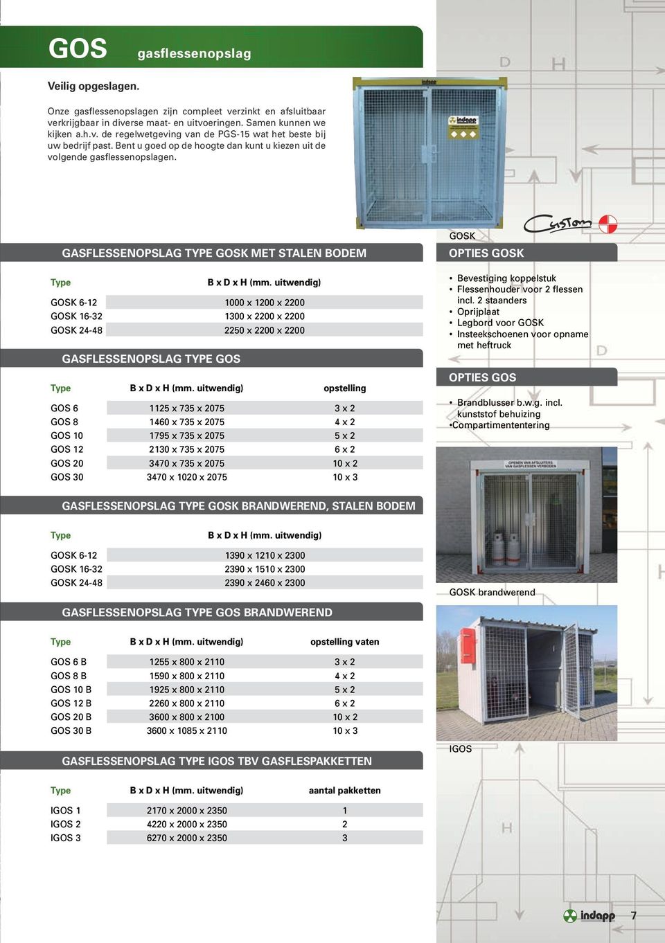 uitwendig) GOSK 6-12 1000 x 1200 x 2200 GOSK 16-32 1300 x 2200 x 2200 GOSK 24-48 2250 x 2200 x 2200 GASFLESSENOPSLAG TYPE GOS Type B x D x H (mm.