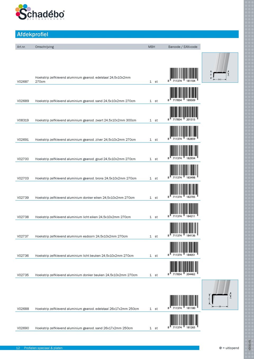 zilver 24,5x10x2mm 270cm 1 st V02700 Hoekstrip zelfklevend aluminium geanod. goud 24,5x10x2mm 270cm 1 st V02703 Hoekstrip zelfklevend aluminium geanod.