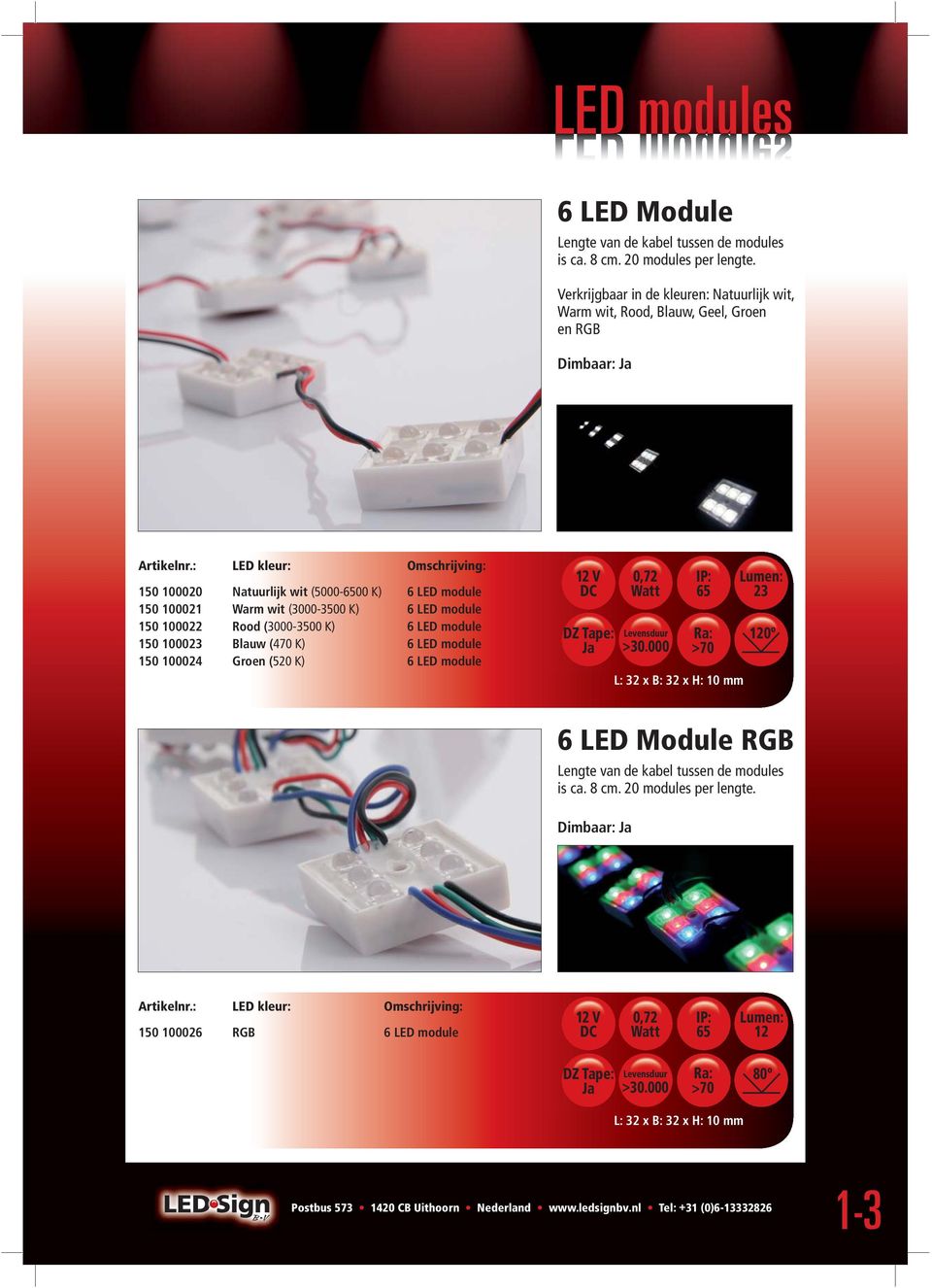 wit (3000-3500 K) 6 LED module 150 100022 Rood (3000-3500 K) 6 LED module 150 100023 Blauw (470 K) 6 LED module 150 100024 Groen (520 K) 6 LED module 12 V DC DZ Tape: Ja 0,72 >30.