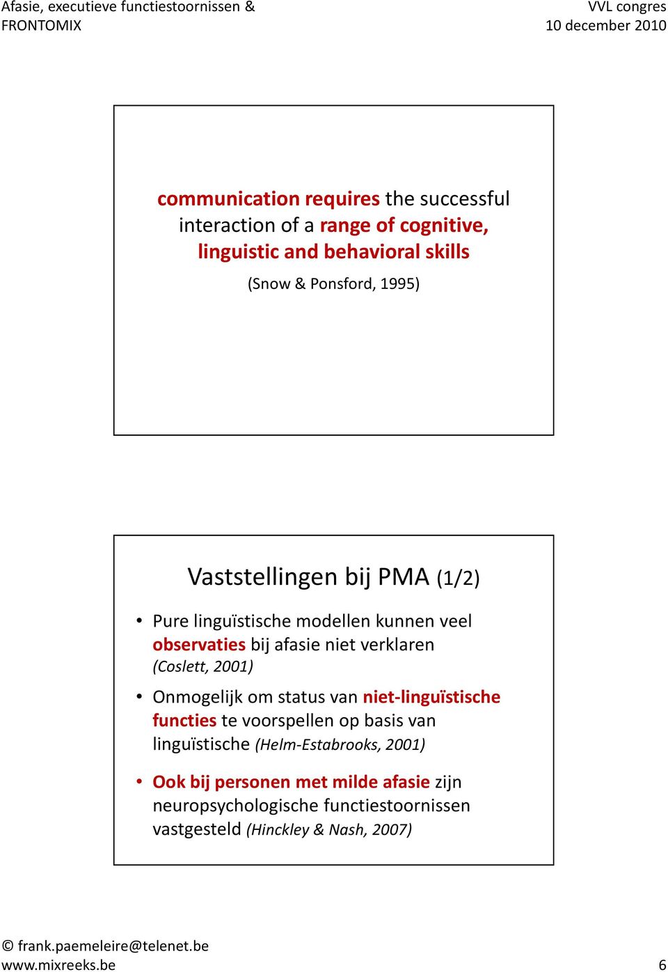 2001) Onmogelijk om status van niet-linguïstische functies te voorspellen op basis van linguïstische (Helm-Estabrooks, 2001)