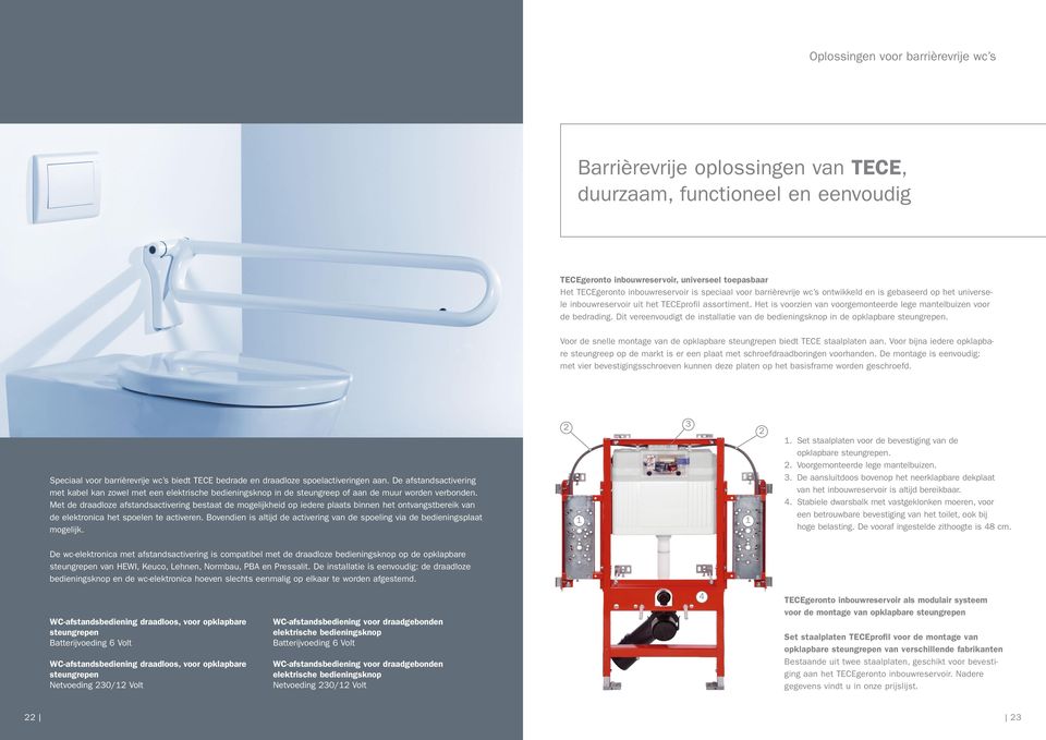 Dit vereenvoudigt de installatie van de bedieningsknop in de opklapbare steungrepen. Voor de snelle montage van de opklapbare steungrepen biedt TECE staalplaten aan.