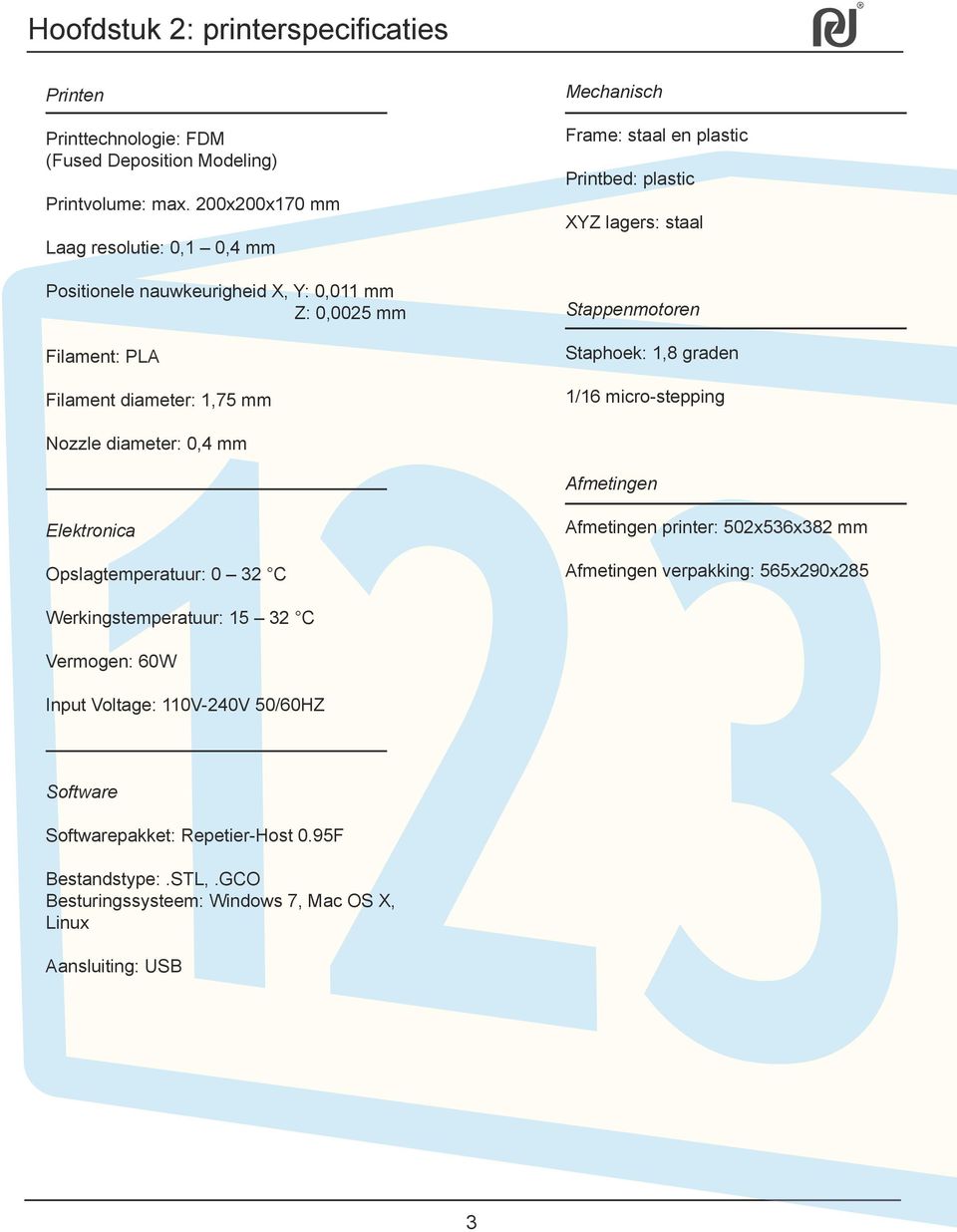 Printbed: plastic XYZ lagers: staal Stappenmotoren Staphoek: 1,8 graden 1/16 micro-stepping Nozzle diameter: 0,4 mm Afmetingen Elektronica Opslagtemperatuur: 0 32 C Afmetingen