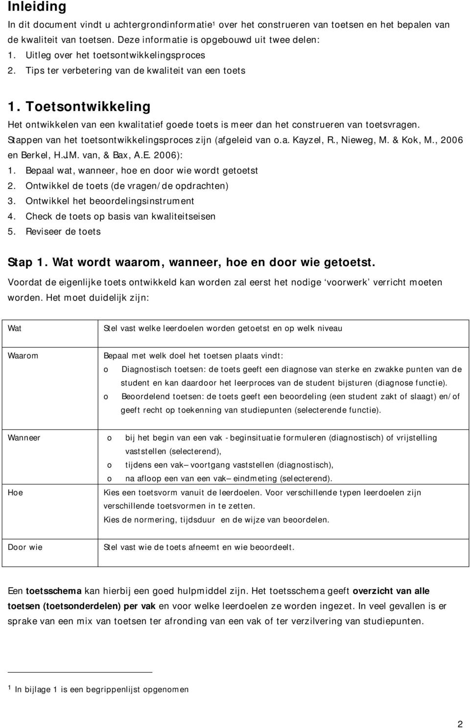 Toetsontwikkeling Het ontwikkelen van een kwalitatief goede toets is meer dan het construeren van toetsvragen. Stappen van het toetsontwikkelingsproces zijn (afgeleid van o.a. Kayzel, R., Nieweg, M.