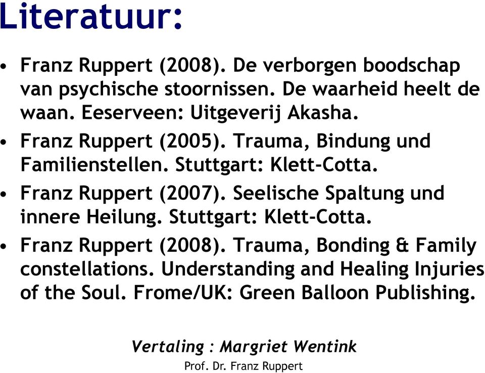 Franz Ruppert (2007). Seelische Spaltung und innere Heilung. Stuttgart: Klett-Cotta. Franz Ruppert (2008).