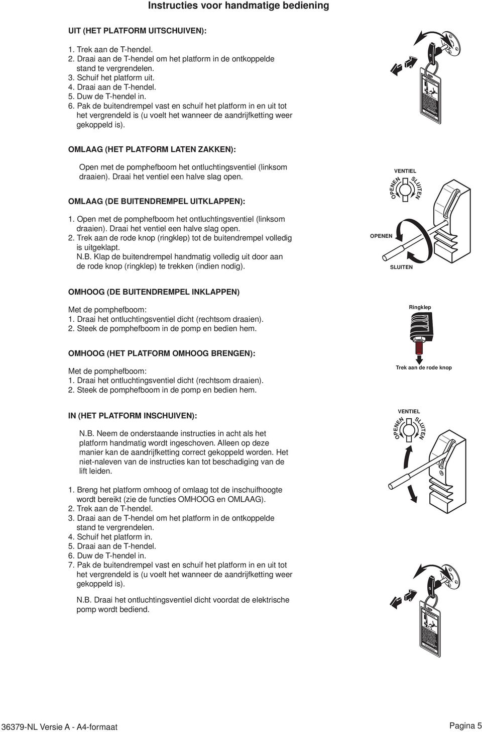 manually move in and out to engage Failure to lock may result in unintended OMLAAG (HET PLATFORM LATEN ZAKKEN): Open met de pomphefboom het ontluchtingsventiel (linksom draaien).