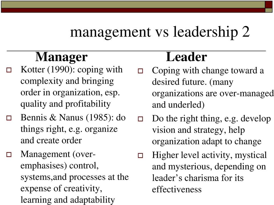 right, e.g. organize and create order Management (overemphasises) control, systems,and processes at the expense of creativity, learning and adaptability