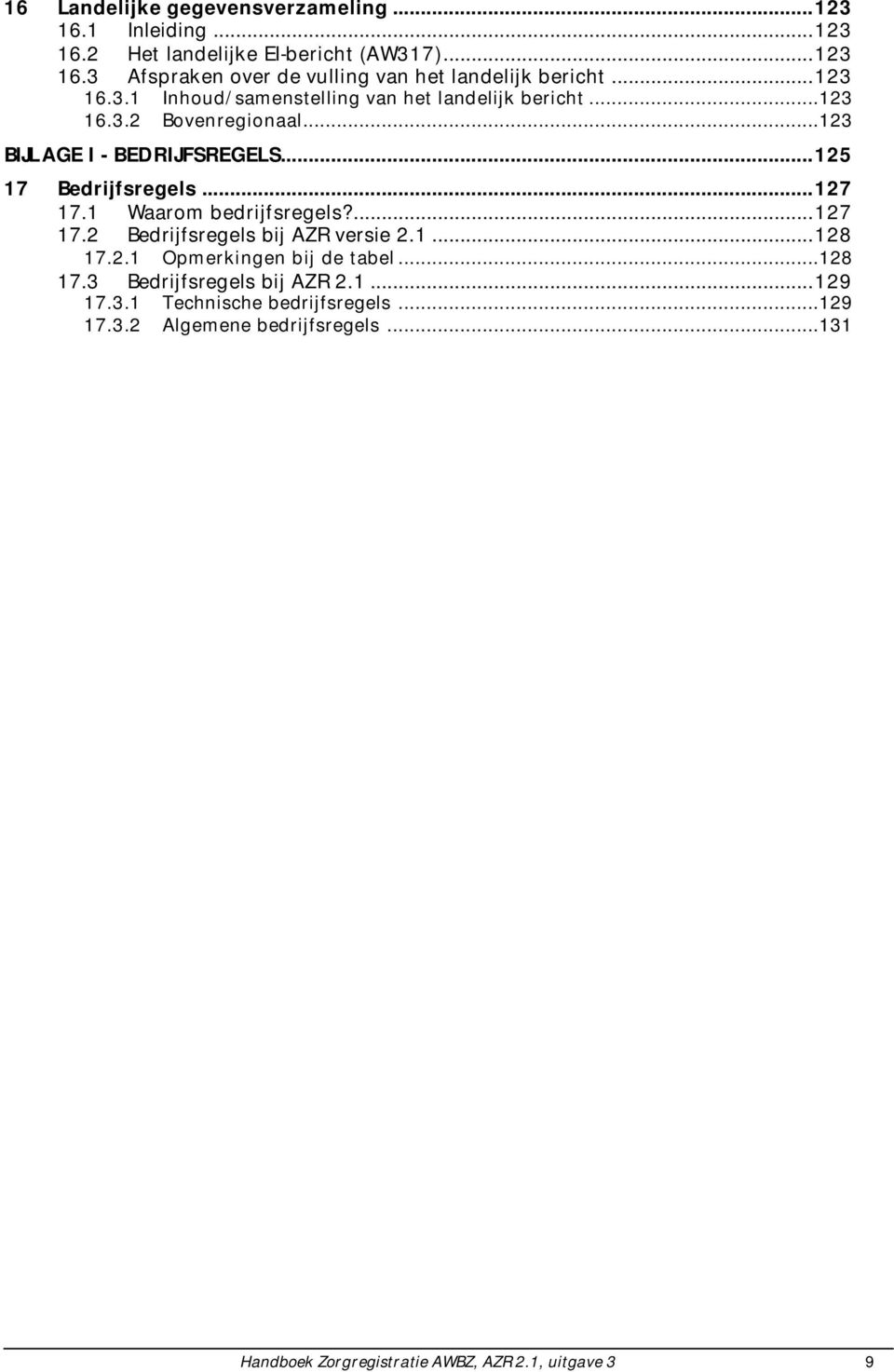 ..127 17.1 Waarom bedrijfsregels?...127 17.2 Bedrijfsregels bij AZR versie 2.1...128 17.2.1 Opmerkingen bij de tabel...128 17.3 Bedrijfsregels bij AZR 2.