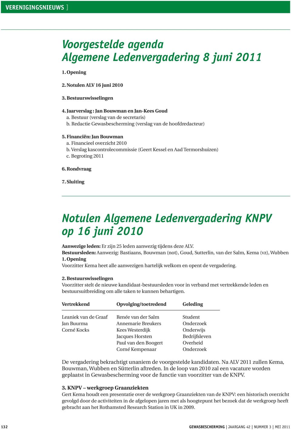 Verslag kascontrolecommissie (Geert Kessel en Aad Termorshuizen) c. Begroting 2011 6. Rondvraag 7.