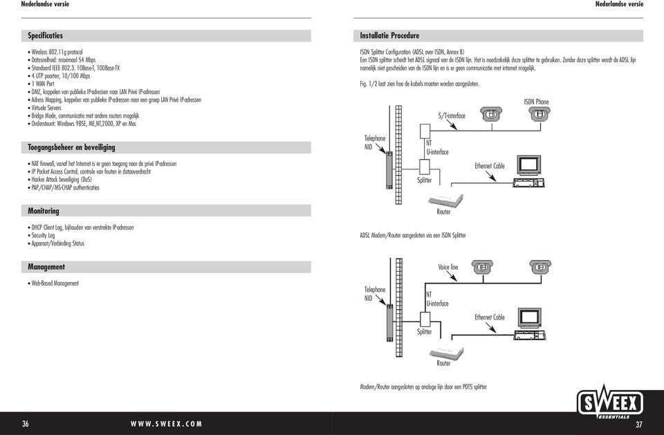 IP-adressen Virtuele Servers Bridge Mode, communicatie met andere routers mogelijk Ondersteunt: Windows 98SE, ME,NT,2000, XP en Mac Installatie Procedure ISDN Splitter Configuration (ADSL over ISDN,