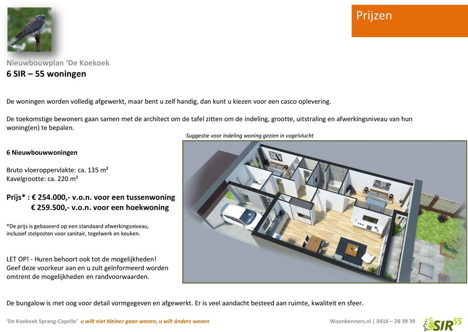 Suggestie voor indeling woning gezien in vogelvlucht 6 Nieuwbouwwoningen Bruto vloeroppervlakte: ca. 135 m² Kavelgrootte: ca. 220 m² Prijs* : 254.000,- v.o.n. voor een tussenwoning 259.500,- v.o.n. voor een hoekwoning *De prijs is gebaseerd op een standaard afwerkingsniveau, inclusief stelposten voor sanitair, tegelwerk en keuken.